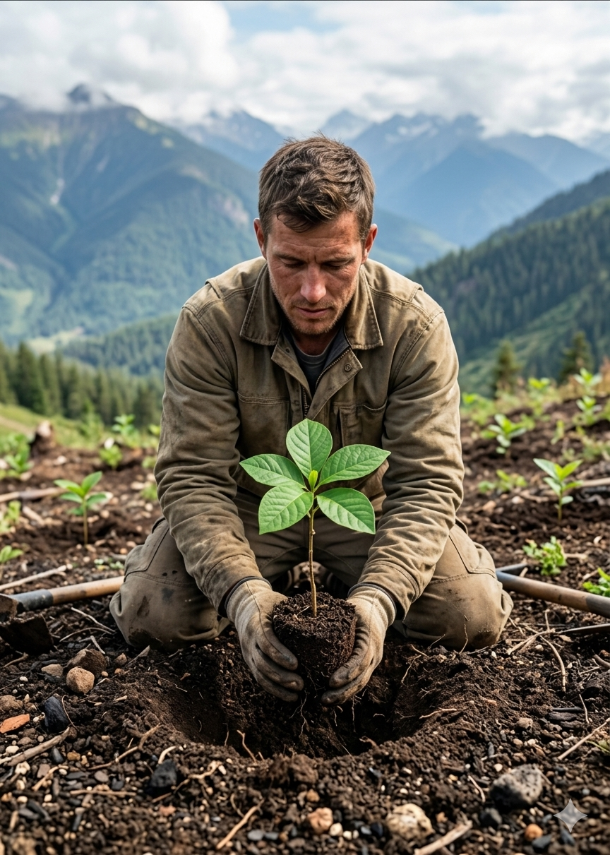 Homem plantando uma muda — cada contrato planta uma árvore